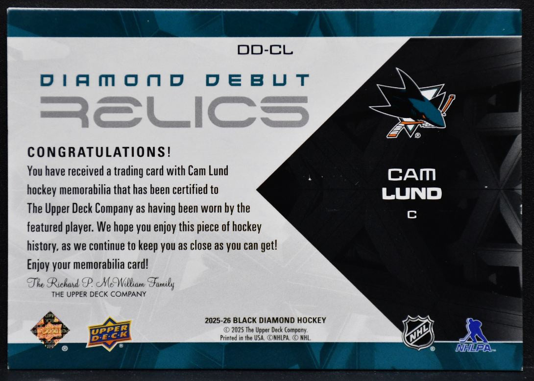 2025-26 UD Black Diamond Jersey Cam Lund Sharks Jersey 3552