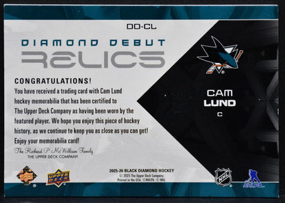 2025-26 UD Black Diamond Jersey Cam Lund Sharks Jersey 3552