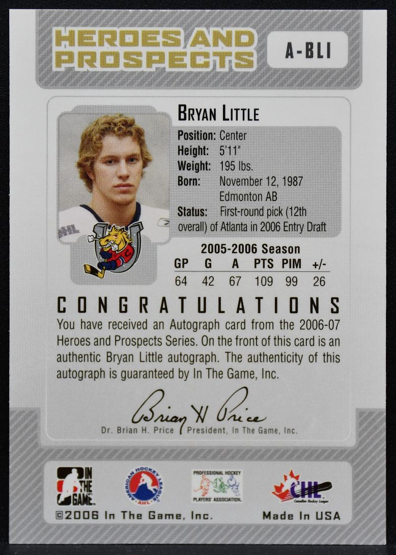 2006-07 In The Game Heroes and Prospects Little A-BLI Barrie Colts Auto 5606