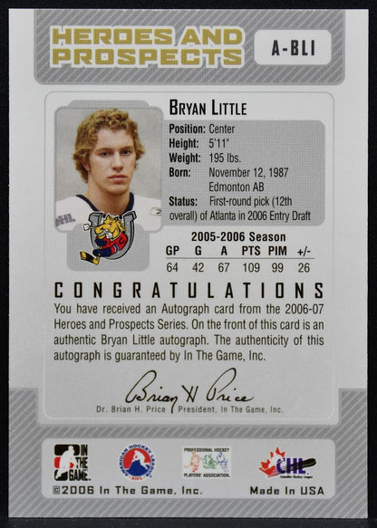 2006-07 In The Game Heroes and Prospects Little A-BLI Barrie Colts Auto 5606