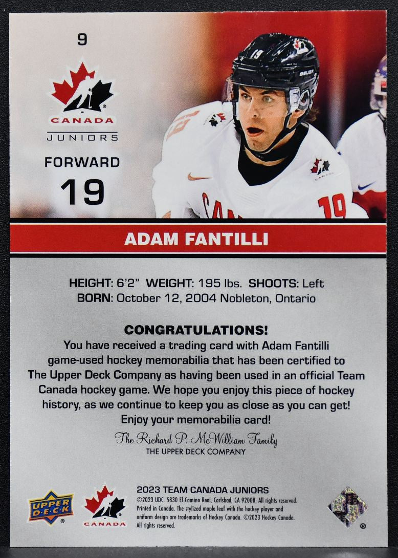 2023-24 Upper Deck Team Canada Juniors Adam Fantilli 9 Team Canada Jersey 8326