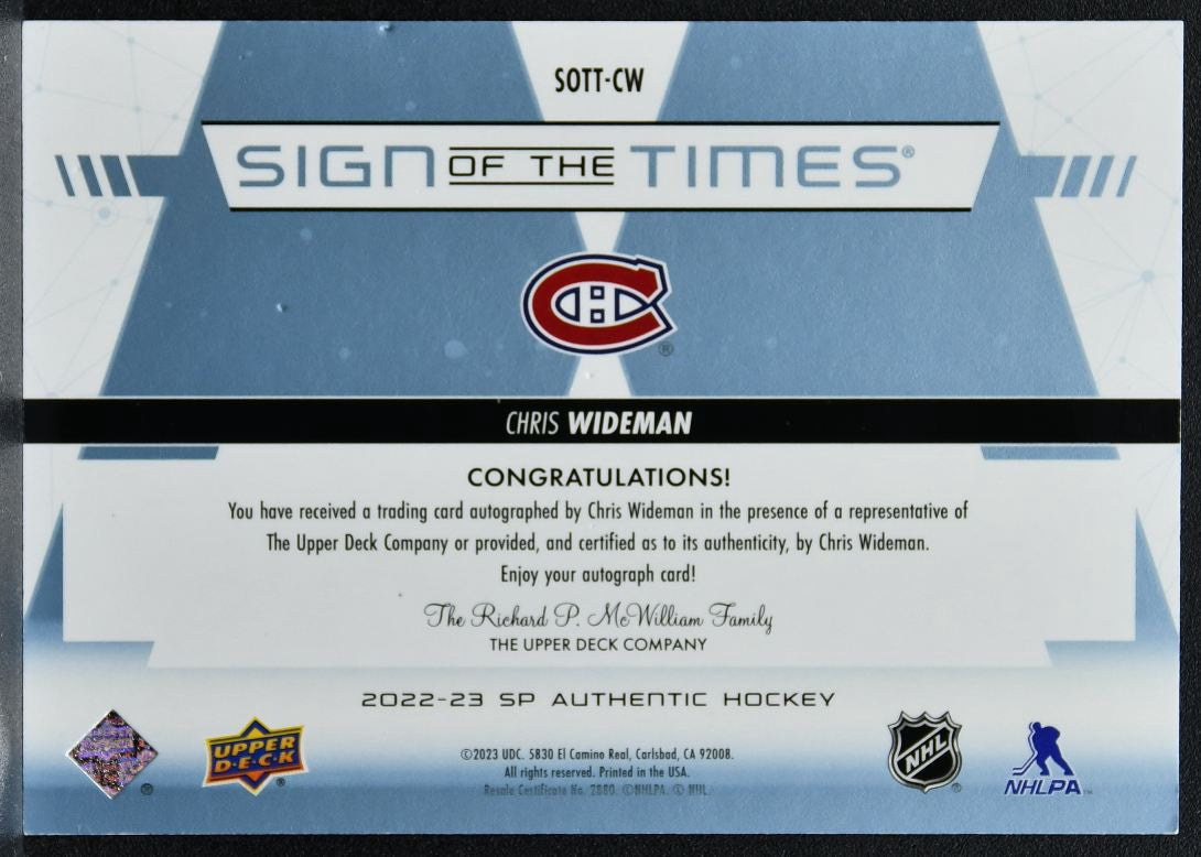 2022-23 SP Authentic Sign of the Times Chris Wideman SOTT-CW Canadiens Auto 1597