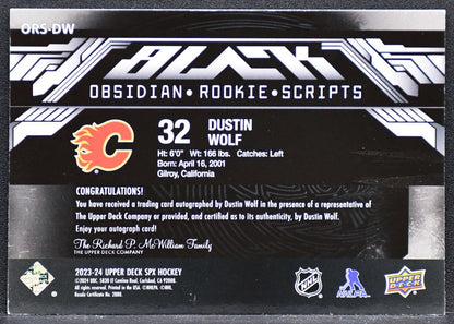 2023-24 SPx UD Black Obsidian Rookie Scripts Dustin Wolf ORS-DW RC Auto