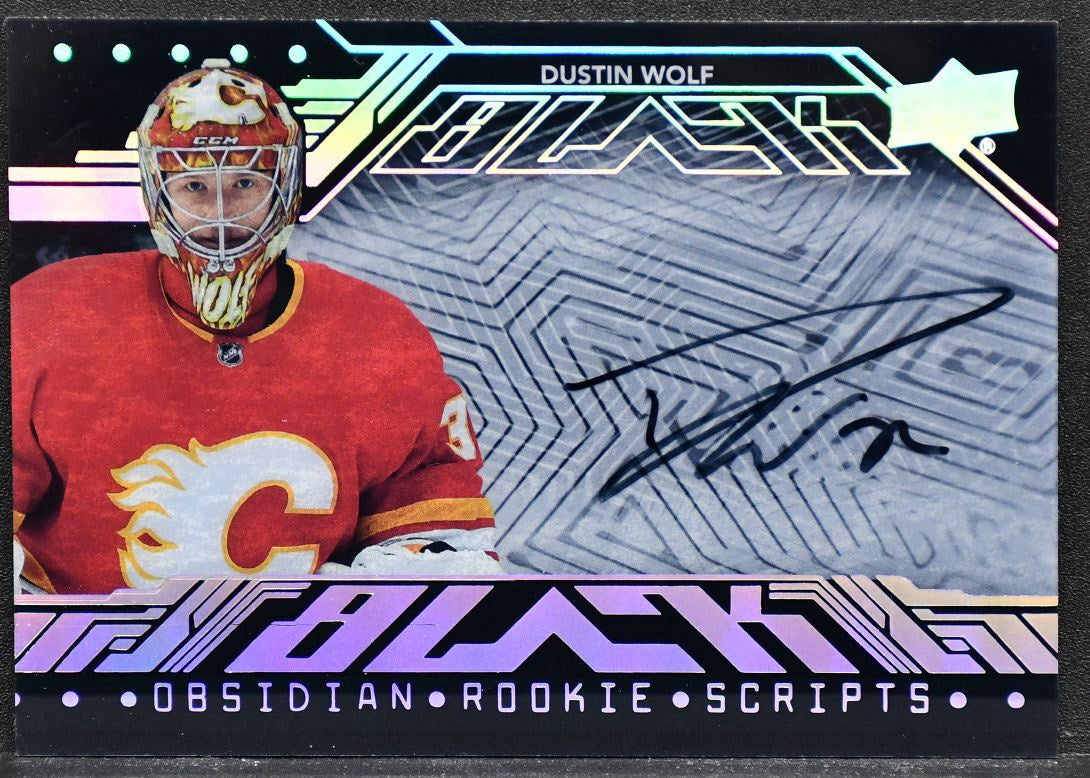 2023-24 SPx UD Black Obsidian Rookie Scripts Dustin Wolf ORS-DW RC Auto