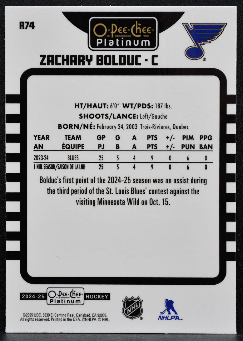 2024-25 O-Pee-Chee Platinum Rookie Retro Zachary Bolduc R74 Blues RC 9584