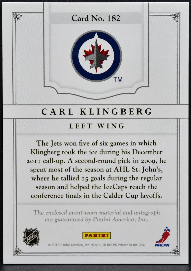 2012-13 Panini Dominion Patch Auto Carl Klingberg 182 Jets Auto /199 1219