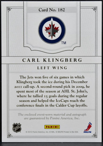 2012-13 Panini Dominion Patch Auto Carl Klingberg 182 Jets Auto /199 1219