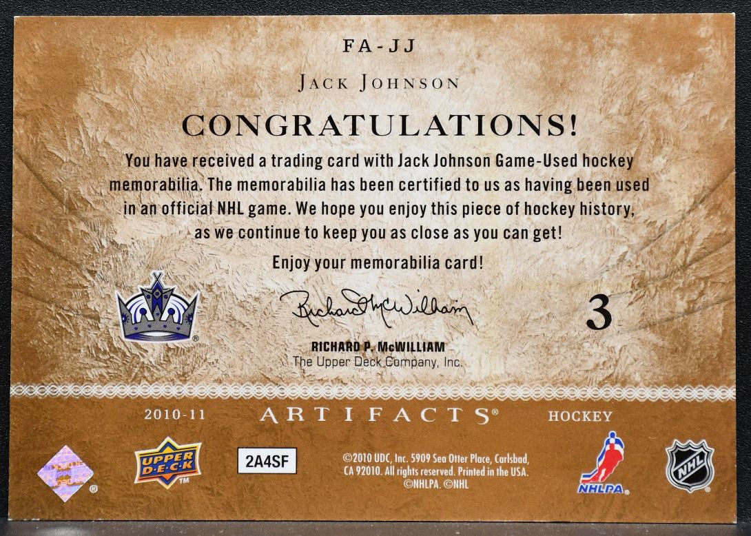 2010-11 Upper Deck Artifacts Frozen Jack Johnson FA-JJ Kings 101/150 Jersey 6182