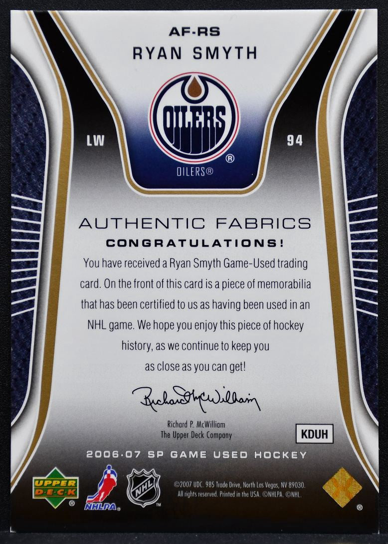 2006-07 SP Game Used Authentic Fabrics Ryan Smyth Oilers 086/100 Jersey 0769