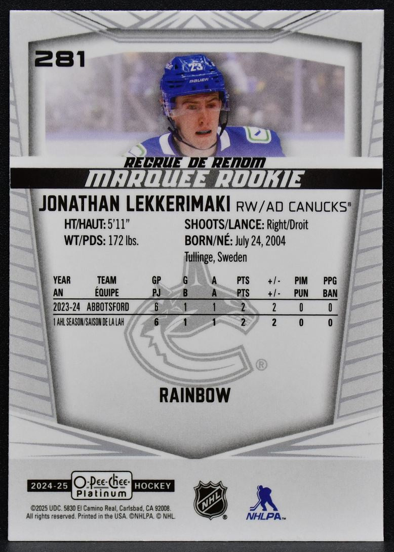 2024-25 OPC Platinum Marquee Rc Rainbow Jonathan Lekkerimaki 281 Canucks RC 6900