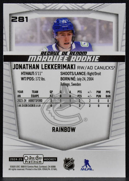 2024-25 OPC Platinum Marquee Rc Rainbow Jonathan Lekkerimaki 281 Canucks RC 6900