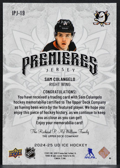 2024-25 Upper Deck Ice Premieres Jersey Sam Colangelo Ducks RC Jersey 7903