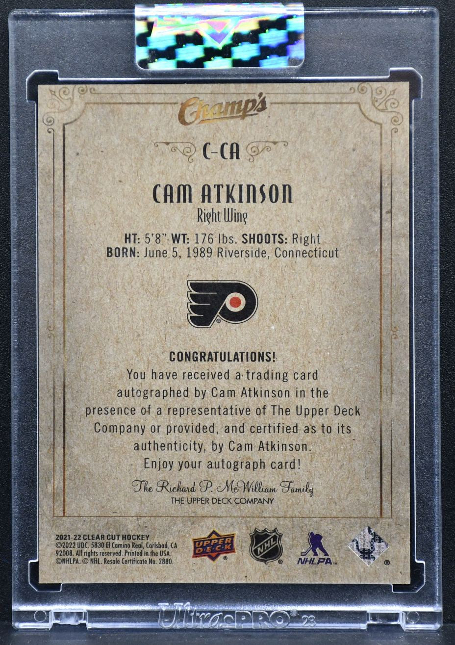 2021-22 UD Clear Cut Champ's Auto Cam Atkinson C-CA Philadelphia Flyers Auto