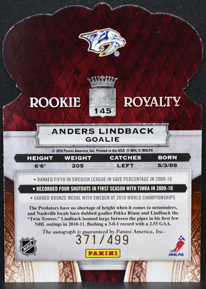 2010-11 Panini Crown Royale Rookie Royalty Anders Lindback 145 RC Auto 3924