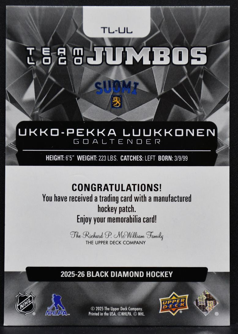 25-26 UD Black Diamond Team Logo 4 Nations Face Off Luukkonen Finland Patch 6850