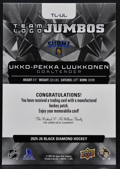 25-26 UD Black Diamond Team Logo 4 Nations Face Off Luukkonen Finland Patch 6850