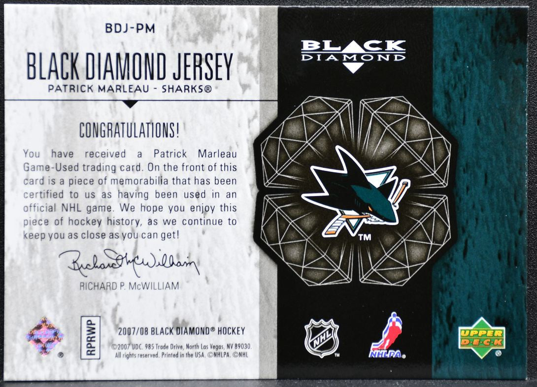 2007-08 Upper Deck Black Diamond Jerseys Patrick Marleau Sharks Jersey 0580
