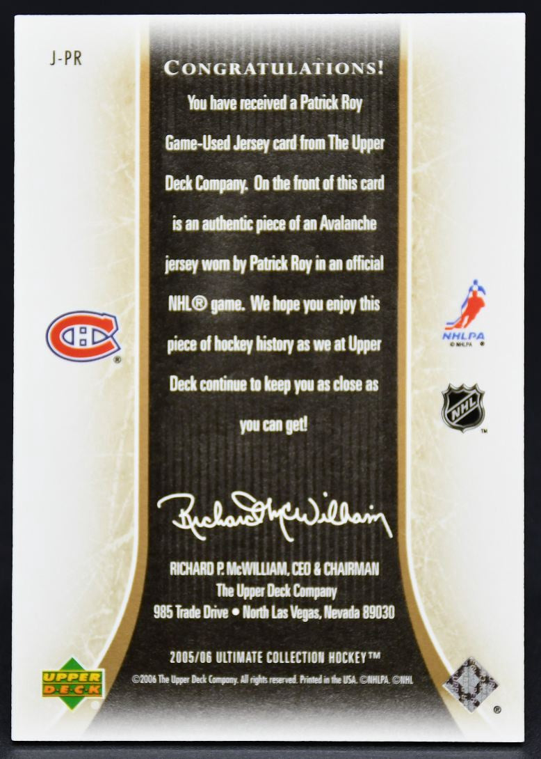 2005-06 UD Ultimate Collection Ultimate Jersey Patrick Roy J-PR 218/250 Jersey