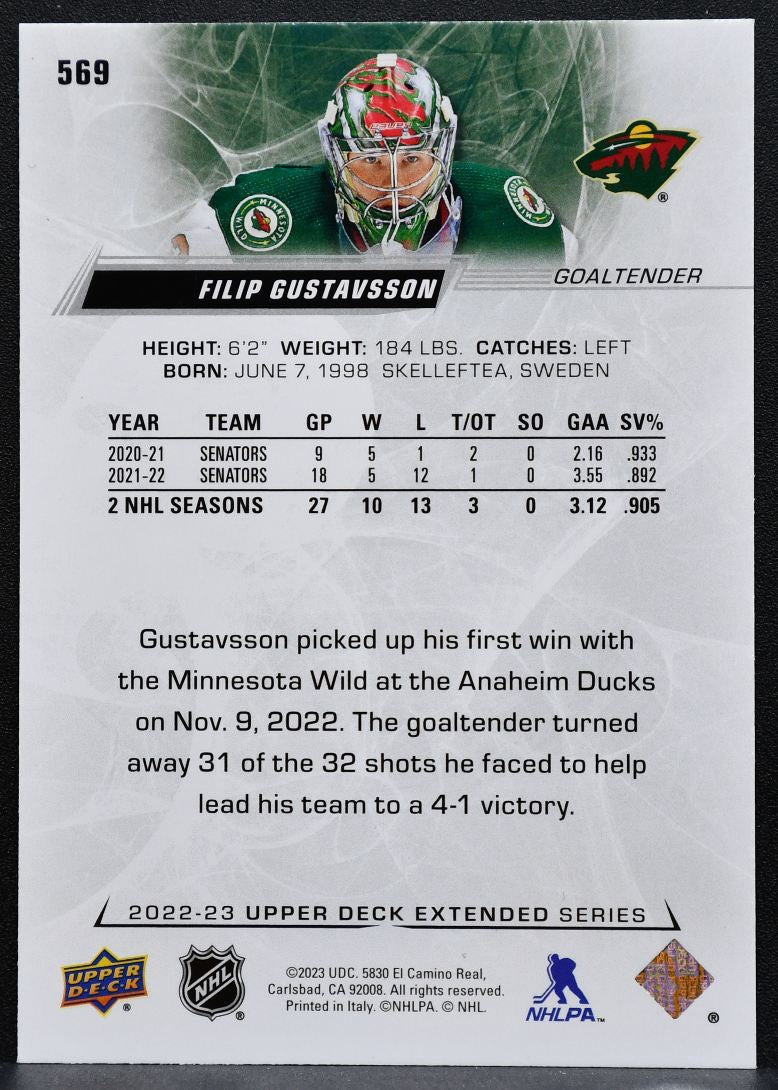 2022-23 UD Extended Series UD Exclusives Filip Gustavsson 569 Wild 018/100 1204