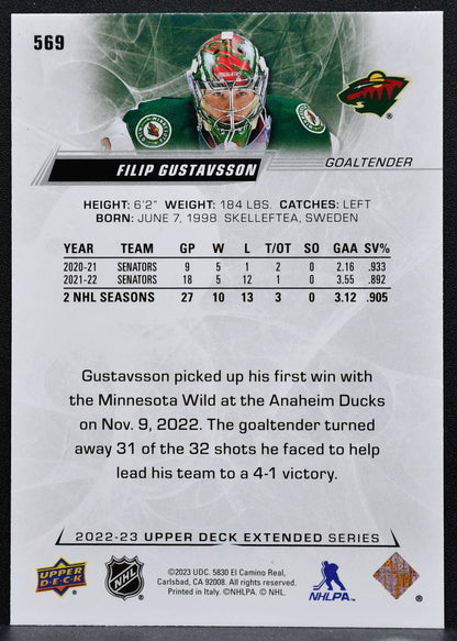2022-23 UD Extended Series UD Exclusives Filip Gustavsson 569 Wild 018/100 1204