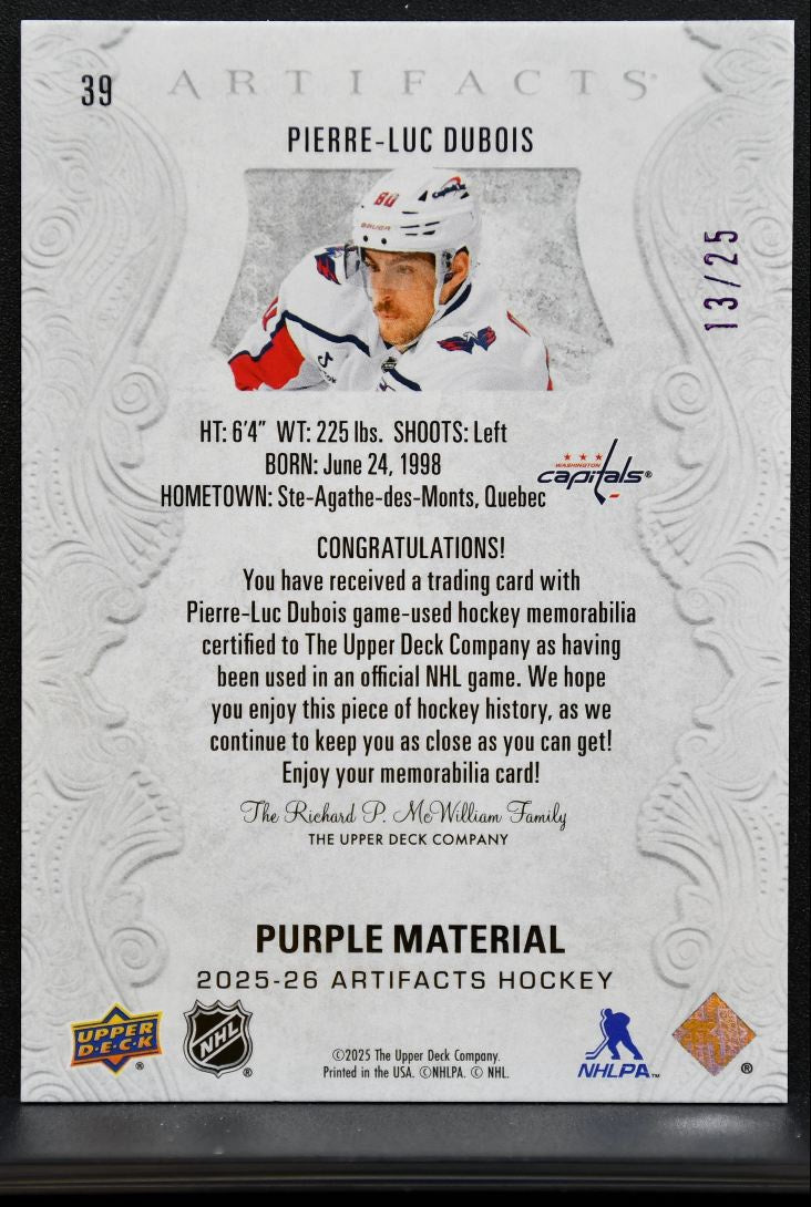 2025-26 UD Artifacts Purple Materials Pierre-Luc Dubois 13/25 Patch 0771