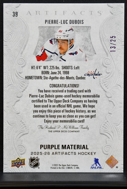 2025-26 UD Artifacts Purple Materials Pierre-Luc Dubois 13/25 Patch 0771