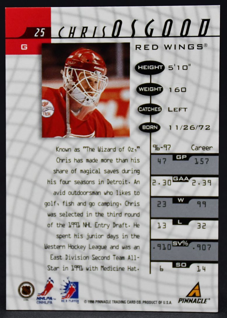 Carte autographiée Pinnacle Be A Player 1997-98 Chris Osgood n° 25