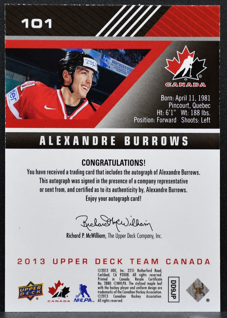 2013-14 Upper Deck Team Canada Gold Signatures Alexandre Burrows Auto 9732