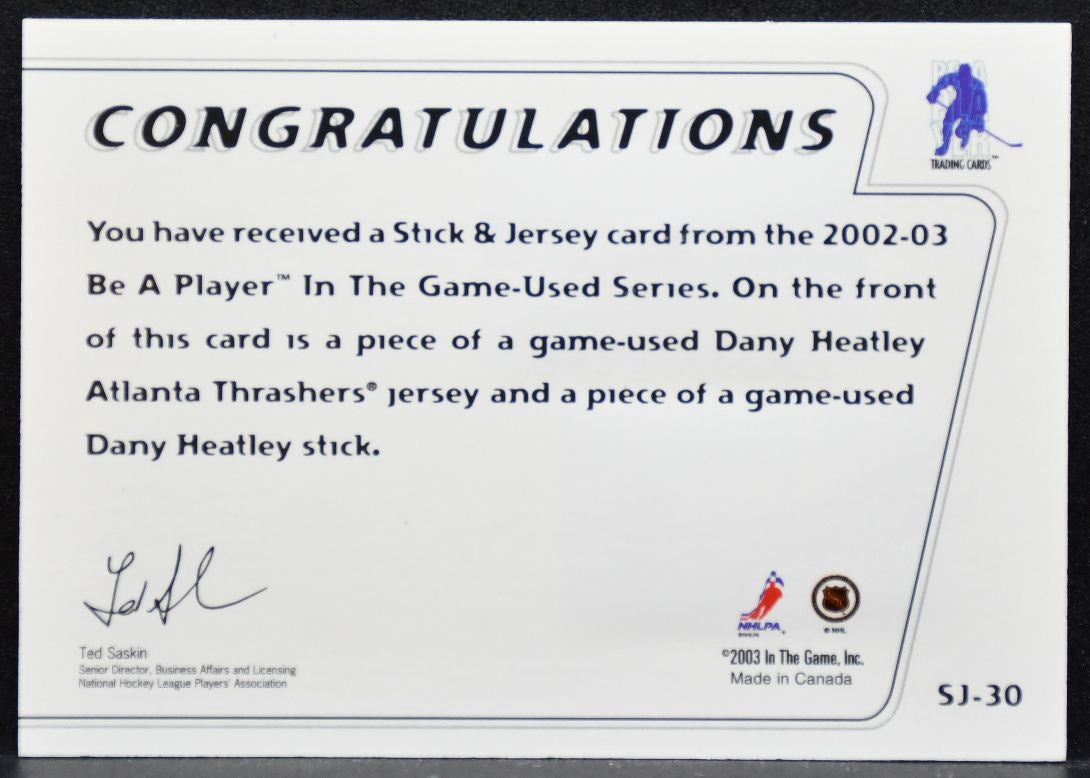 2002-03 In The Game Used Stick & Jersey Dany Heatley Thrashers Stick/Jersey 8468