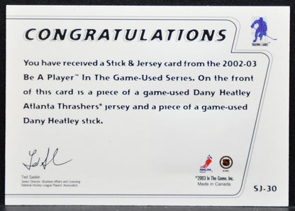 2002-03 In The Game Used Stick & Jersey Dany Heatley Thrashers Stick/Jersey 8468