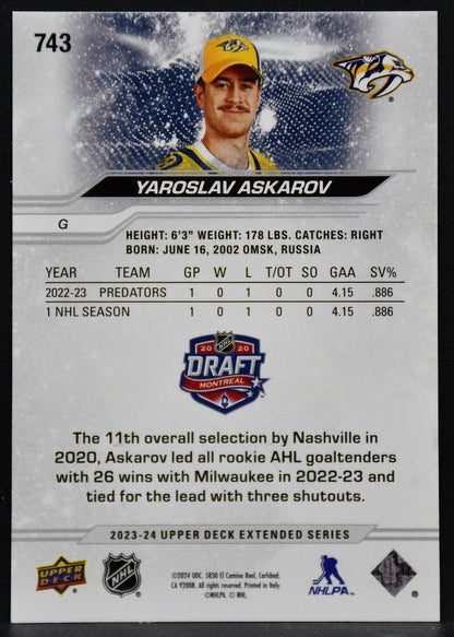 2023-24 UD Extended Series 1st Round Rookies Deluxe Yaroslav Askarov RC Auto 250