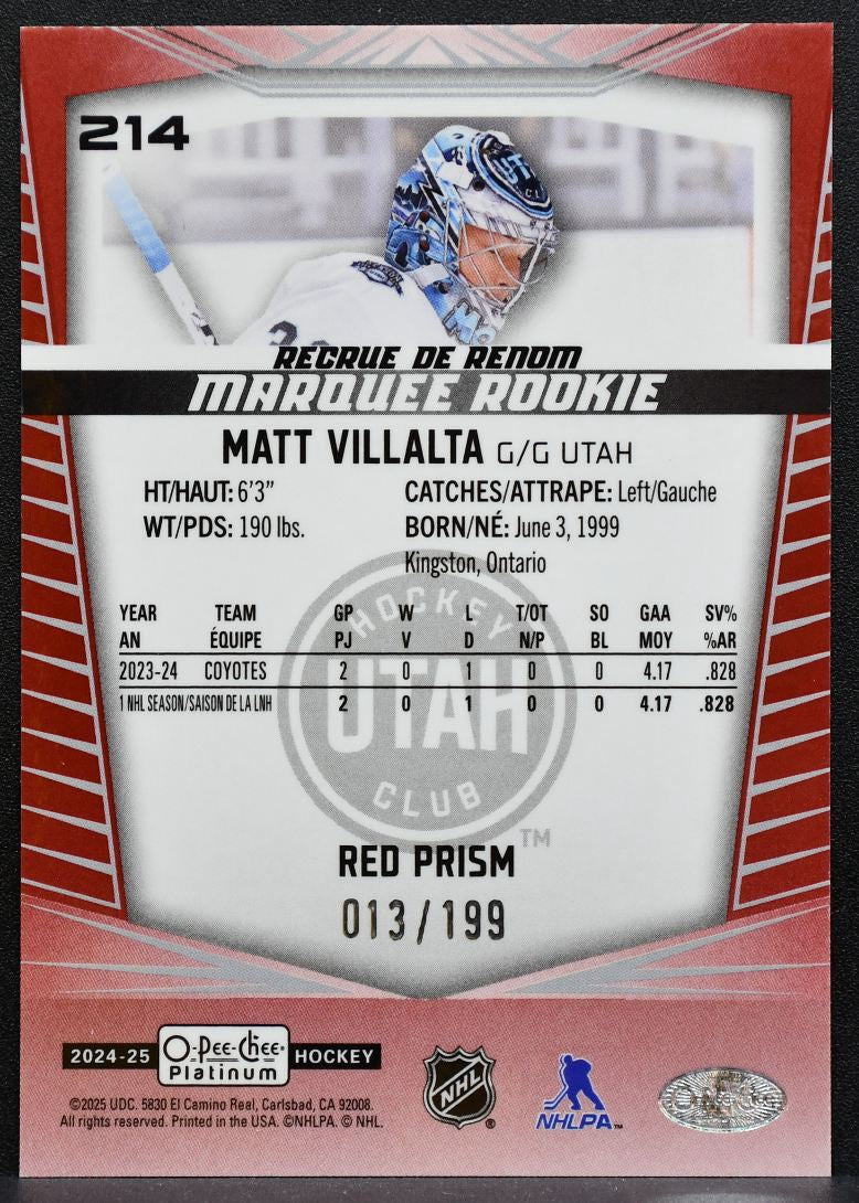 2024-25 OPC Platinum Marquee Rookie Red Prism Villalta Utah Hockey Club RC 0597