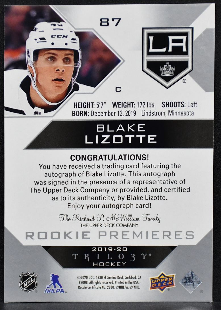 2019-20 UD Trilogy Rookie Premieres Silver Foil Auto Blake Lizotte RC Auto /199