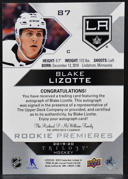 2019-20 UD Trilogy Rookie Premieres Silver Foil Auto Blake Lizotte RC Auto /199