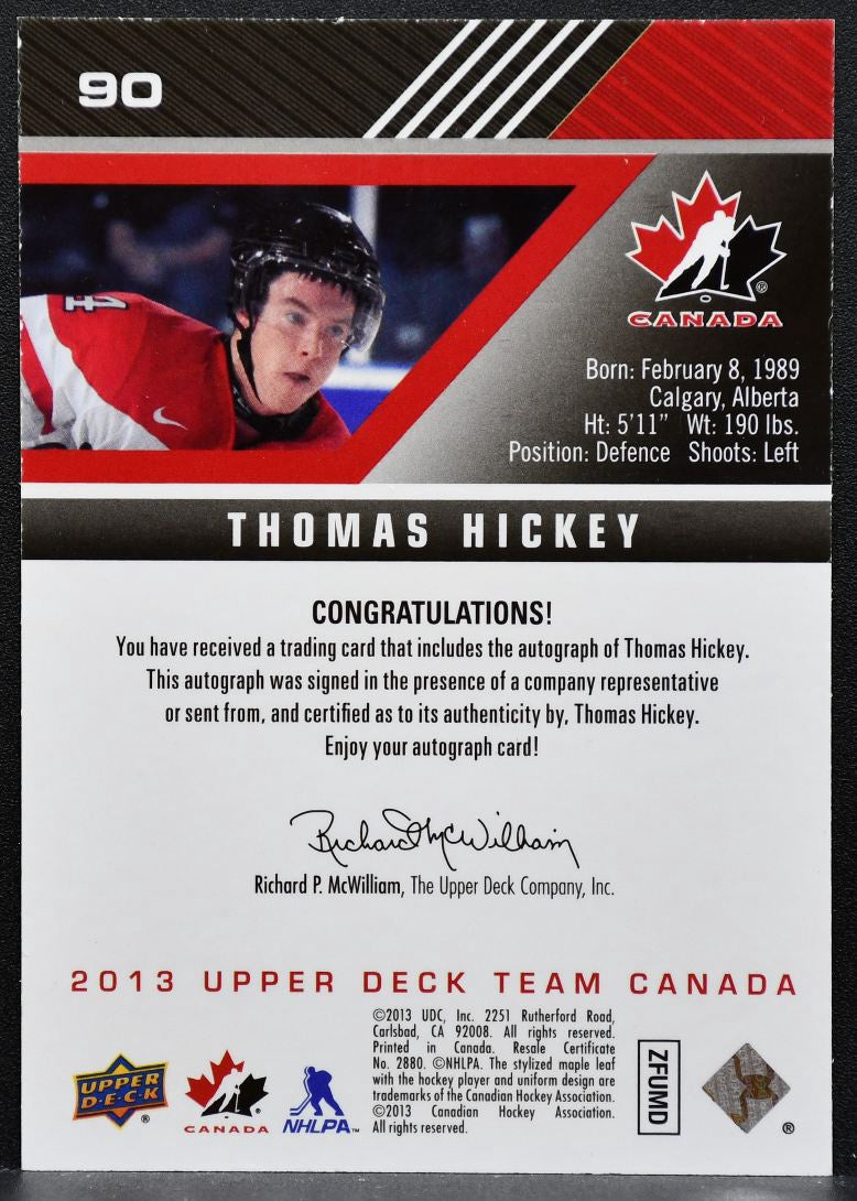 2013-14 Upper Deck Team Canada Gold Signatures Thomas Hickey 90 Canada Auto 8757