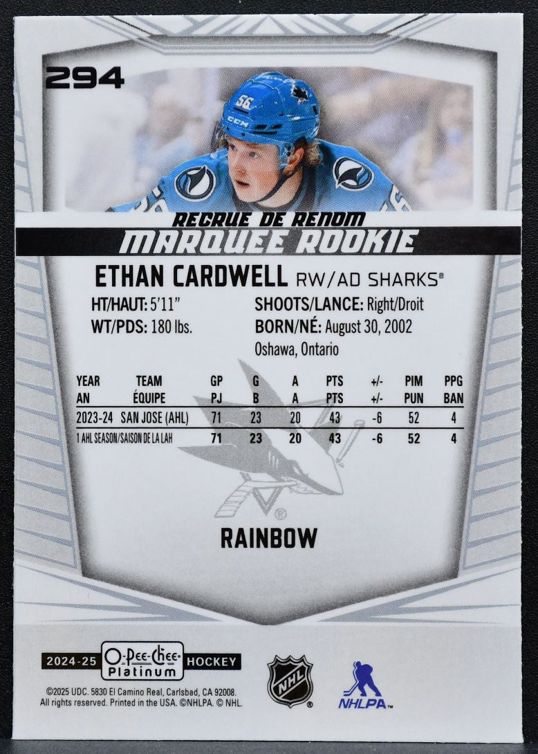 2024-25 O-Pee-Chee Platinum Marquee Rookie Rainbow Ethan Cardwell Sharks RC 0825