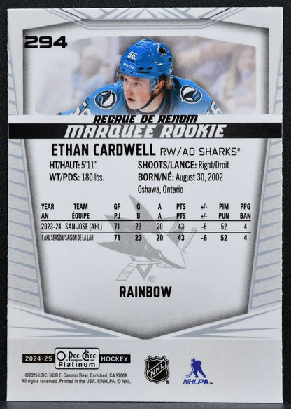 2024-25 O-Pee-Chee Platinum Marquee Rookie Rainbow Ethan Cardwell Sharks RC 0825