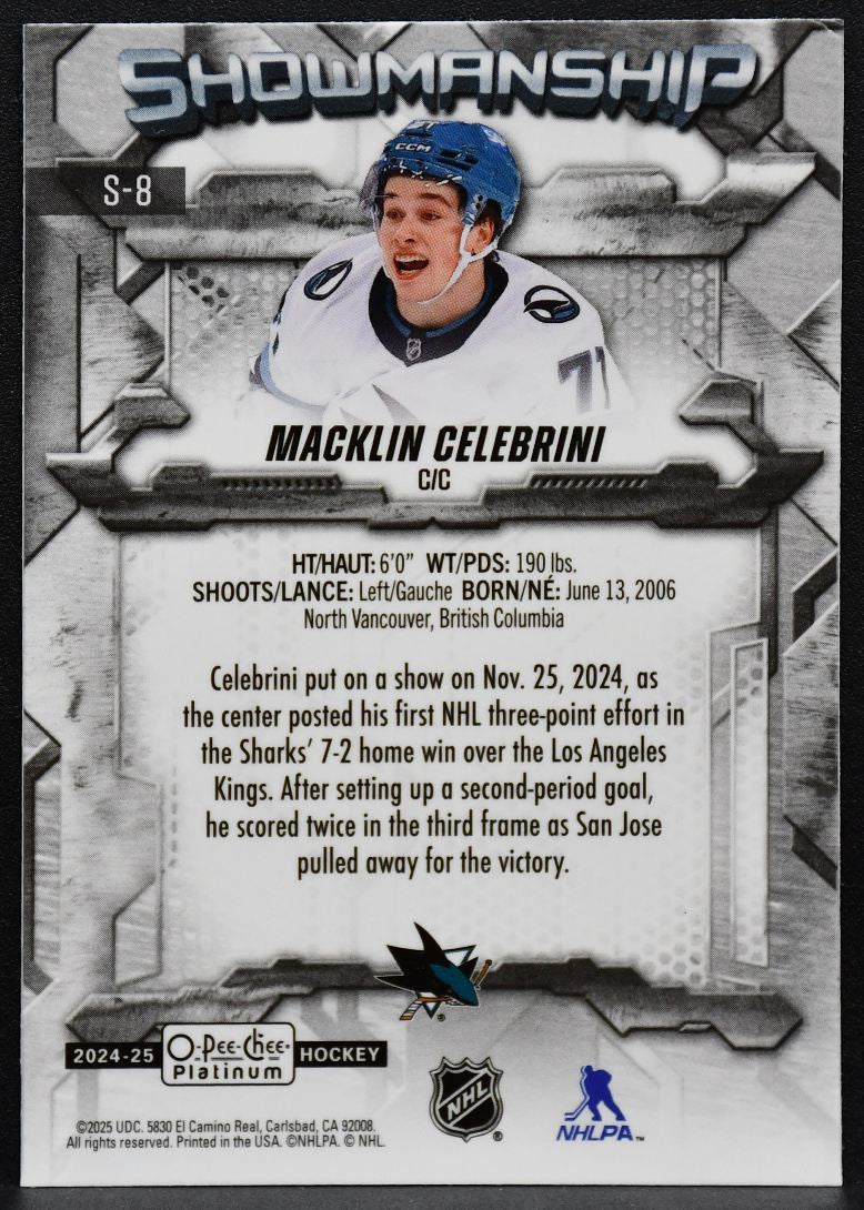 2024-25 O-Pee-Chee Platinum Showmanship Macklin Celebrini S-8 Sharks RC 7136