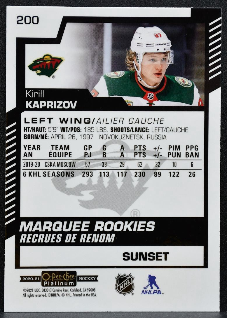 2020-21 O-Pee-Chee Platinum Marquee Rookies Sunset Kirill Kaprizov Wild RC 8303
