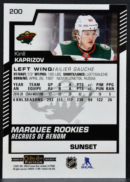 2020-21 O-Pee-Chee Platinum Marquee Rookies Sunset Kirill Kaprizov Wild RC 8303