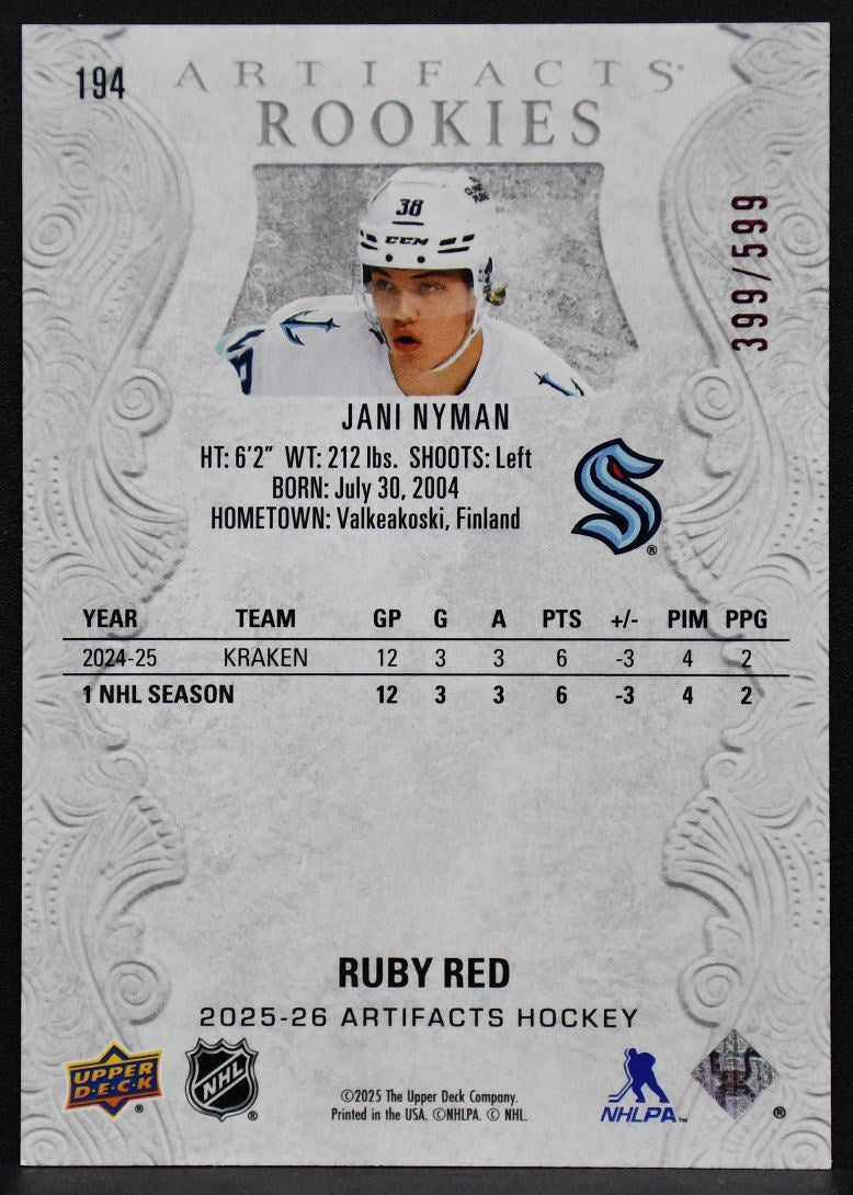 2025-26 UD Artifacts Rookies Ruby Red Jani Nyman 194 Seattle Kraken RC 399/599 2302