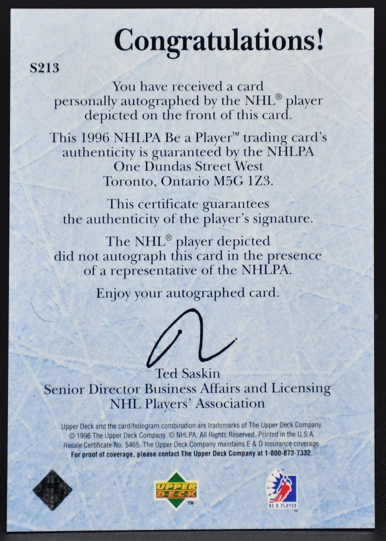 1995-96 UD Be a Player Ice Wars Auto Dale Hunter S213 Auto #2