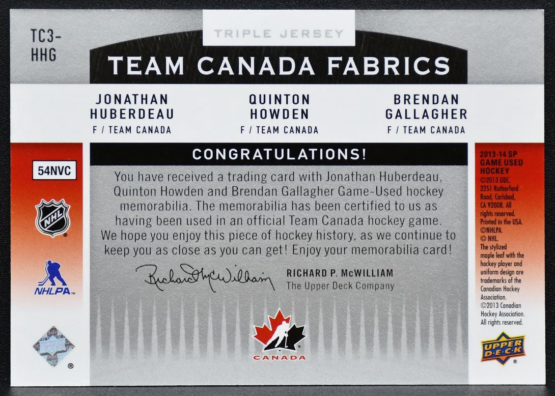 2013-14 SP Used Triple Huberdeau / Howden / Gallagher Team Canada Jersey 3220
