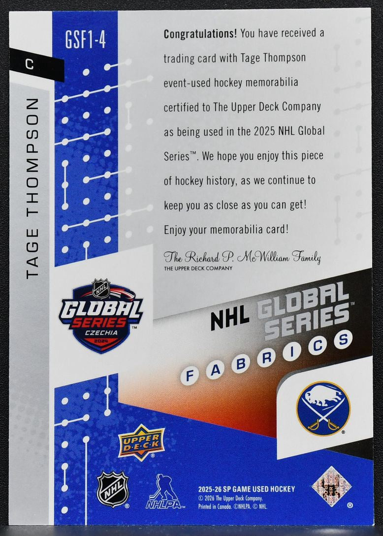 2025-26 SP Game Used Global Series Devils vs Sabres Fabrics Thompson Jersey 6858