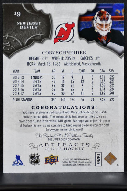 2017-18 UD Artifacts Materials Silver Cory Schneider Devils 118/165 Jersey 5944
