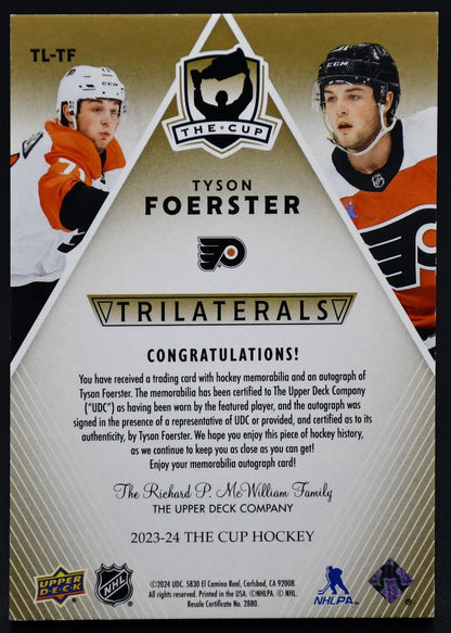 2023-24 UD The Cup Tyson Foerster TL-TF Philadelphia Flyers Auto 08/13 Patch