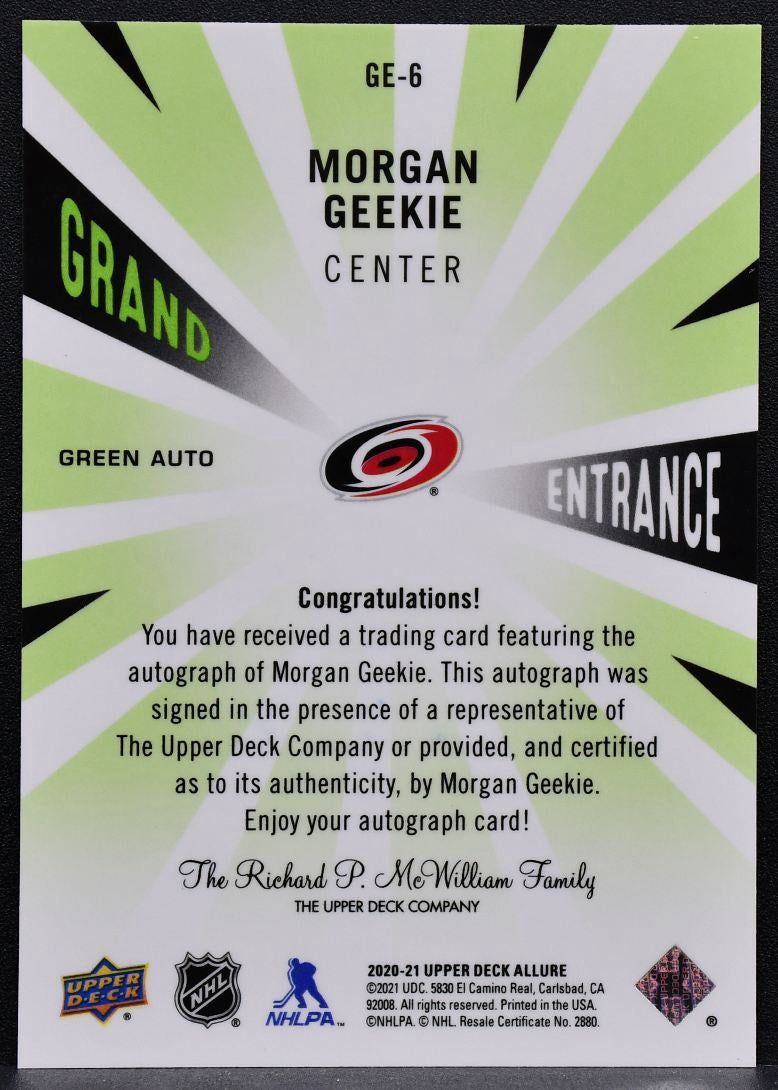 2020-21 UD Allure Grand Entrance Green Morgan Geekie Hurricanes Auto 7252