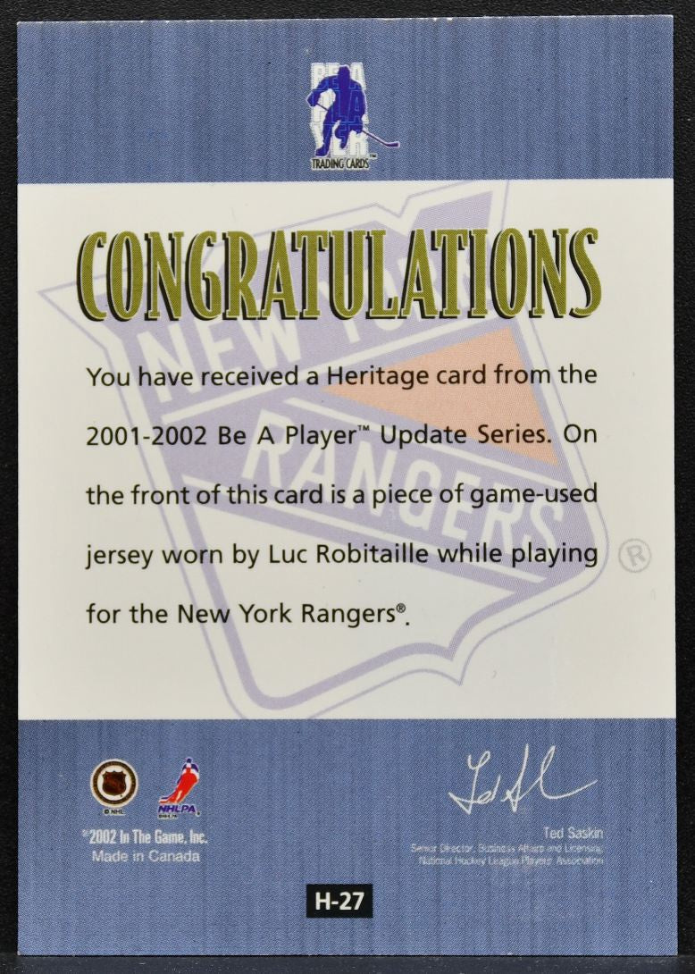 2001-02 In the Game Be A Player Update Series Heritage Robitaille Jersey 2716