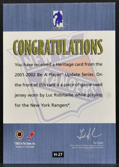 2001-02 In the Game Be A Player Update Series Heritage Robitaille Jersey 2716