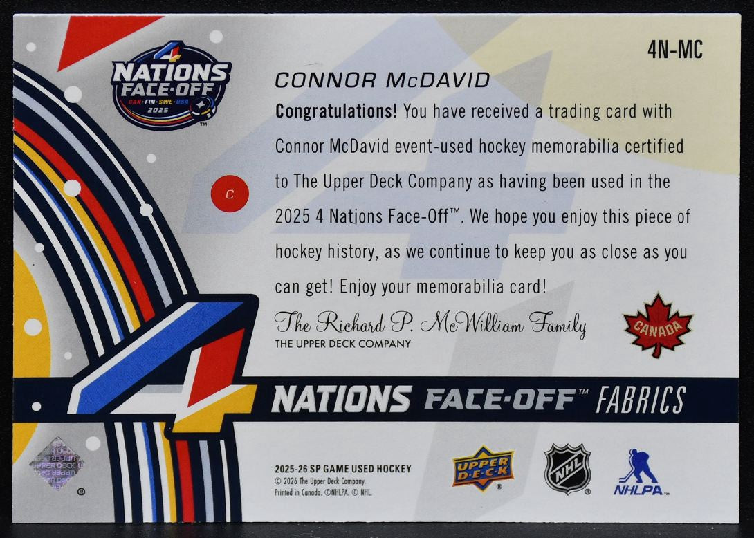 2025-26 SP Game Used 4 Nations Face Off Fabrics McDavid Team Canada Jersey 3176